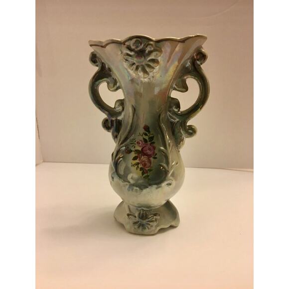 Vintage Iridescent Porcelain Vase Floral Relief Twin Handle Baroque Style *READ - Picture 1 of 12